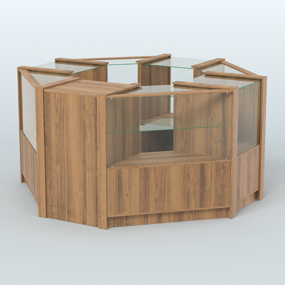 Торговый островок в стиле ЛОФТ с одним рядом прозрачных полок №2 (4,72 кв.м) Орех