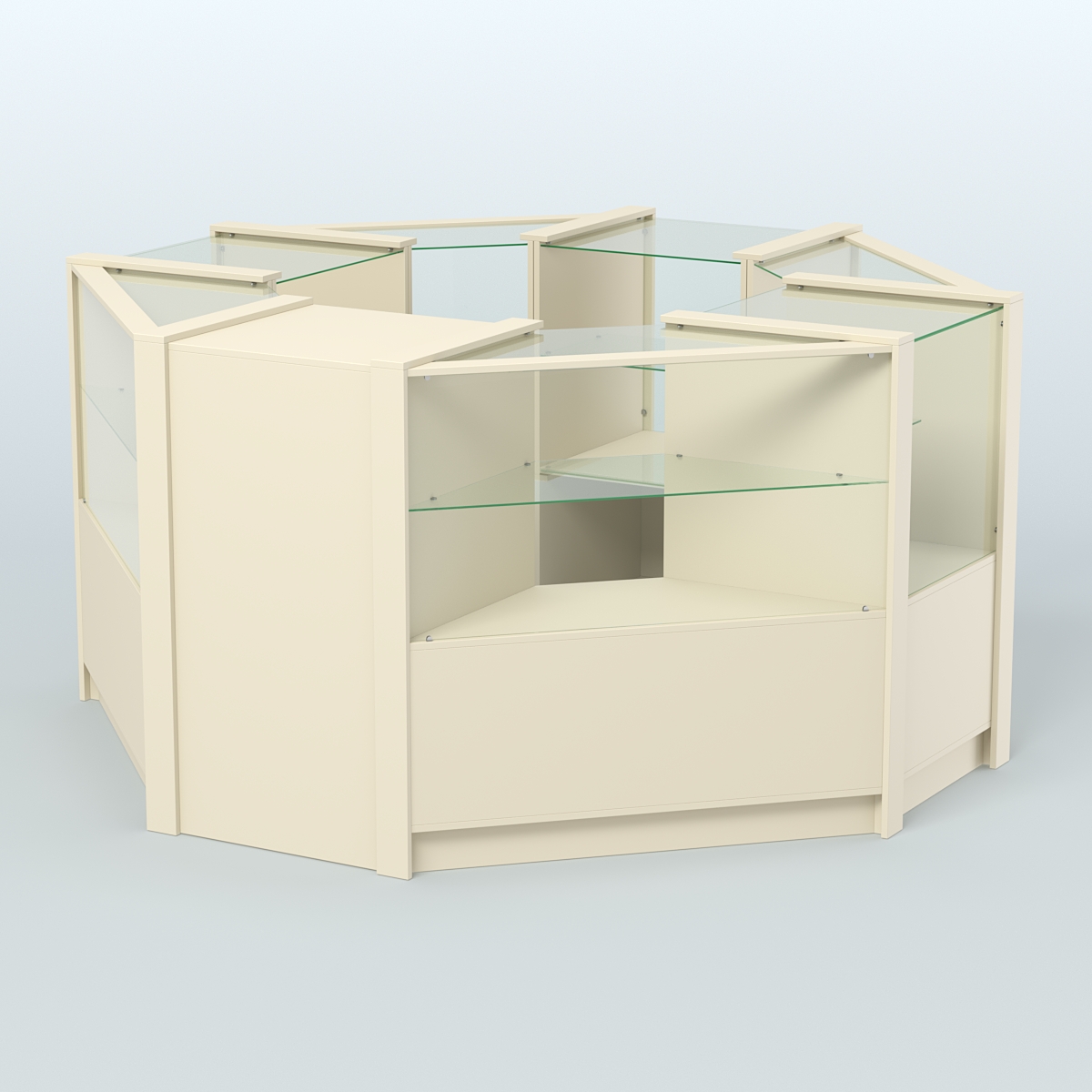 Торговый островок в стиле ЛОФТ с одним рядом прозрачных полок №2 (4,72 кв.м) Крем Вайс