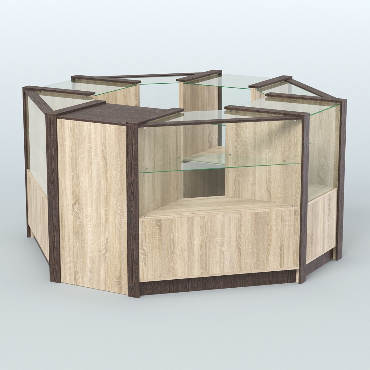 Торговый островок в стиле ЛОФТ с одним рядом прозрачных полок №2 (4,72 кв.м) Дуб Сонома + Дуб Венге