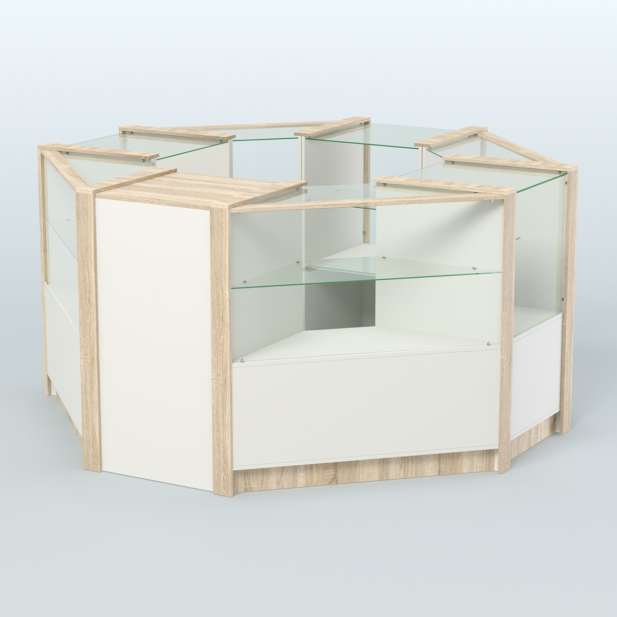 Торговый островок в стиле ЛОФТ с одним рядом прозрачных полок №2 (4,72 кв.м) Белый + Дуб Сонома