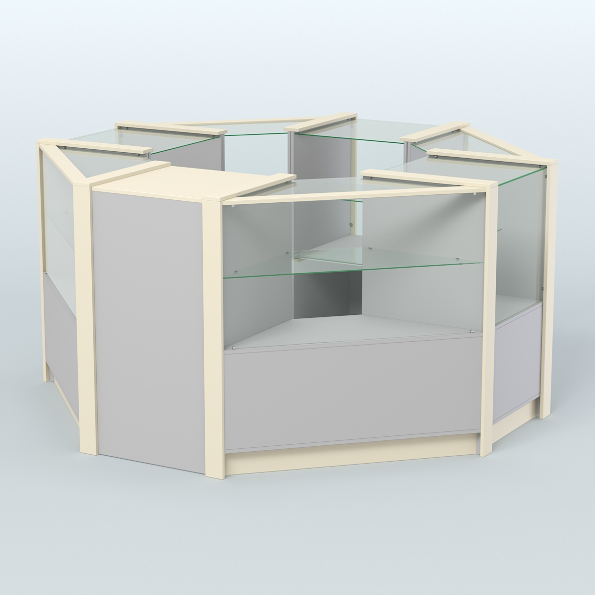 Торговый островок в стиле ЛОФТ с одним рядом прозрачных полок №2 (4,72 кв.м) Серый + Крем Вайс