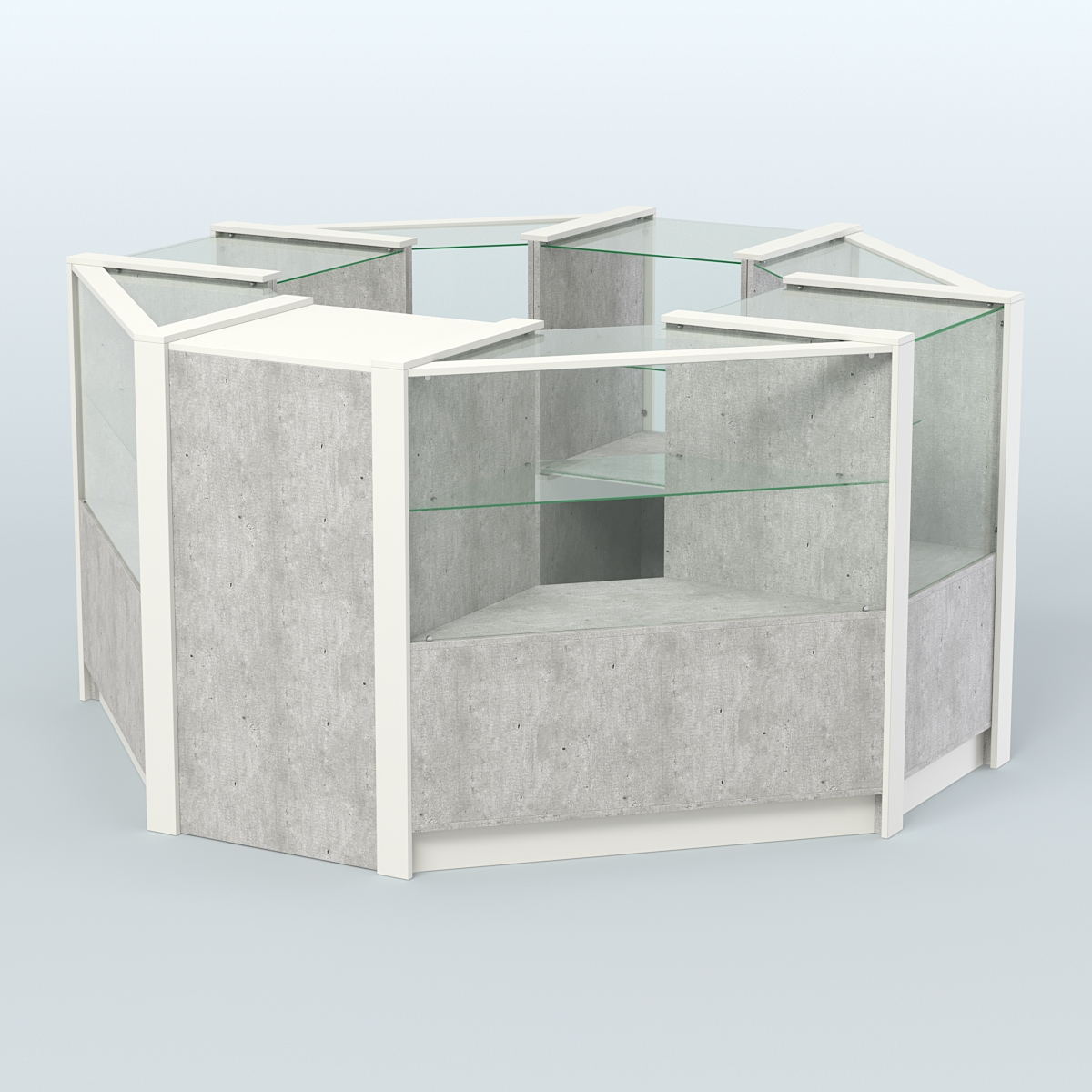 Торговый островок в стиле ЛОФТ с одним рядом прозрачных полок №2 (4,72 кв.м) Метрополитан Грей + Белый