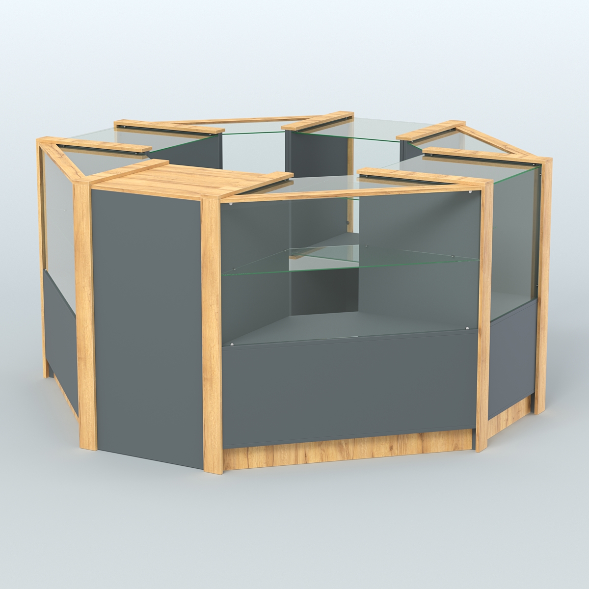 Торговый островок в стиле ЛОФТ с одним рядом прозрачных полок №2 (4,72 кв.м) Темно-Серый  + Дуб Золотистый