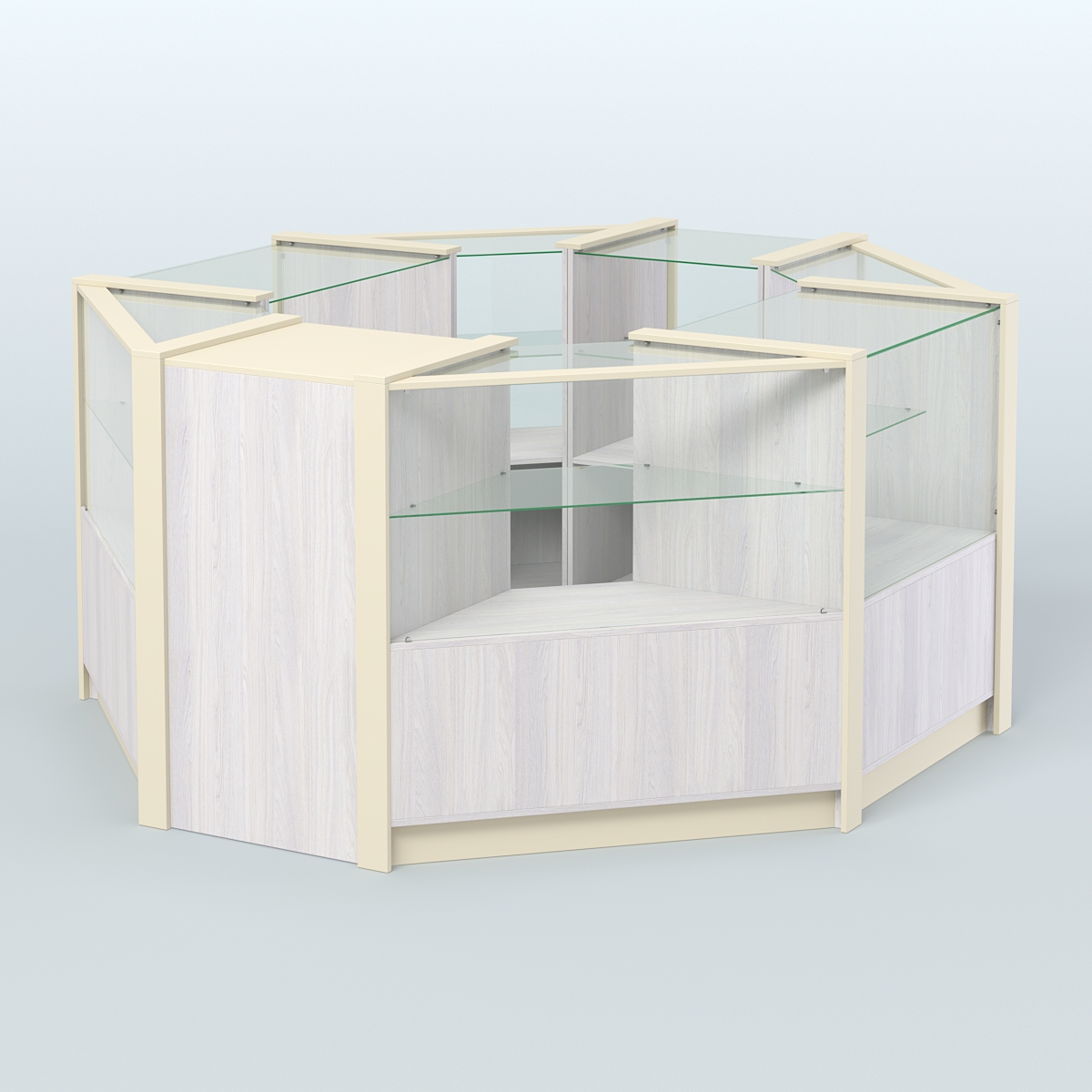 Торговый островок в стиле ЛОФТ восьмиугольный №5 (5,38 кв.м) Ясень Анкор светлый и Крем Вайс