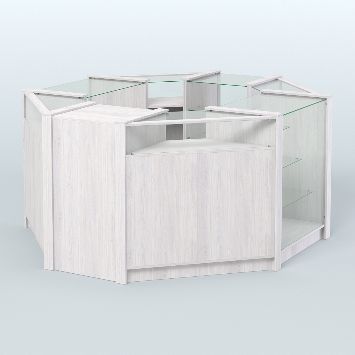 Торговый островок из стекла и ДСП в стиле ЛОФТ №6 (5,38 кв.м) Ясень Анкор светлый