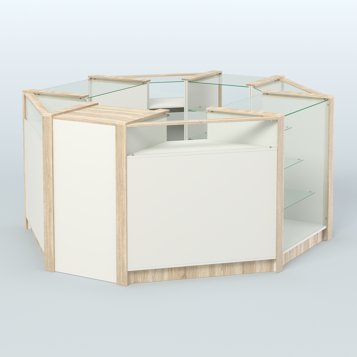 Торговый островок из стекла и ДСП в стиле ЛОФТ №6 (5,38 кв.м) Белый + Дуб Сонома