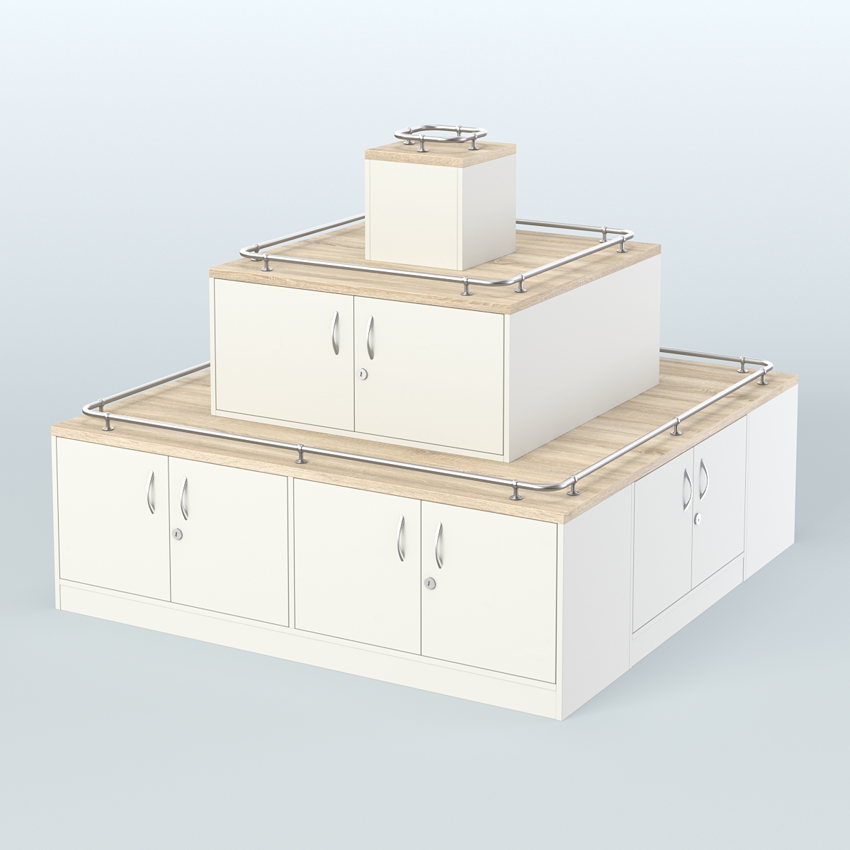 Островок-пирамида с ящиками и ограничителями полок для торговых центров №2-ХО Белый + Дуб Сонома