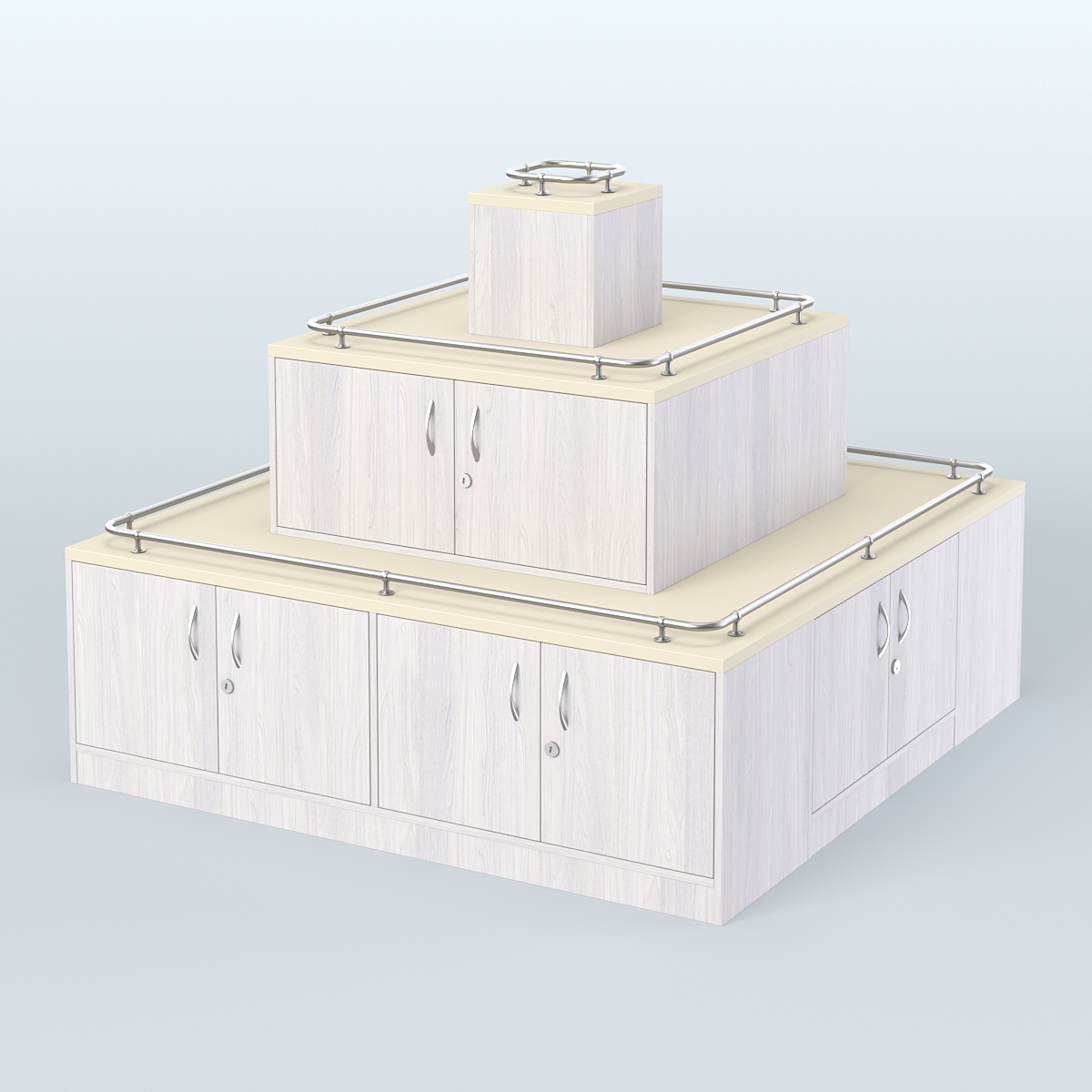 Островок-пирамида с ящиками и ограничителями полок для торговых центров №2-ХО Ясень Анкор светлый и Крем Вайс