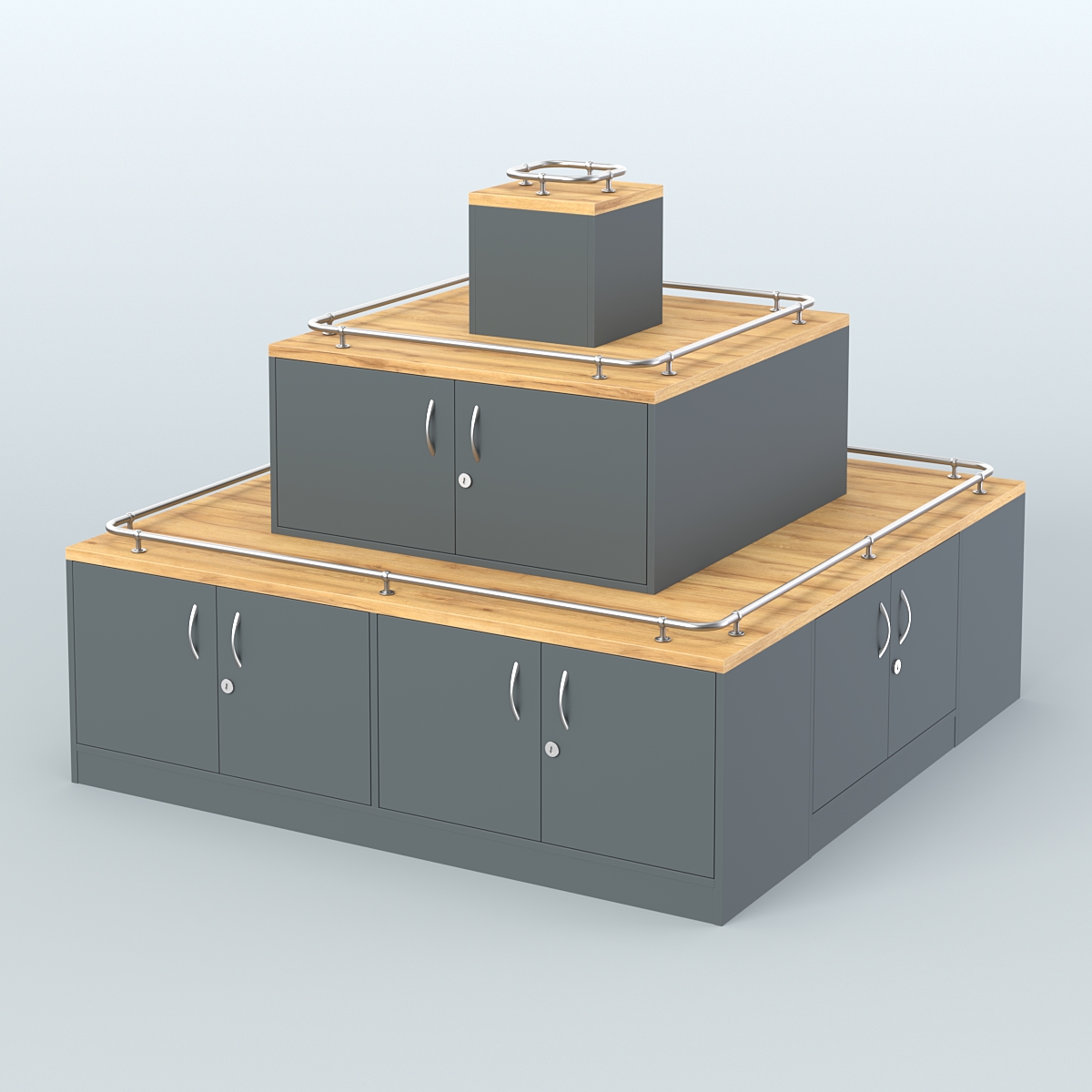 Островок-пирамида с ящиками и ограничителями полок для торговых центров №2-ХО Темно-Серый  + Дуб Золотистый