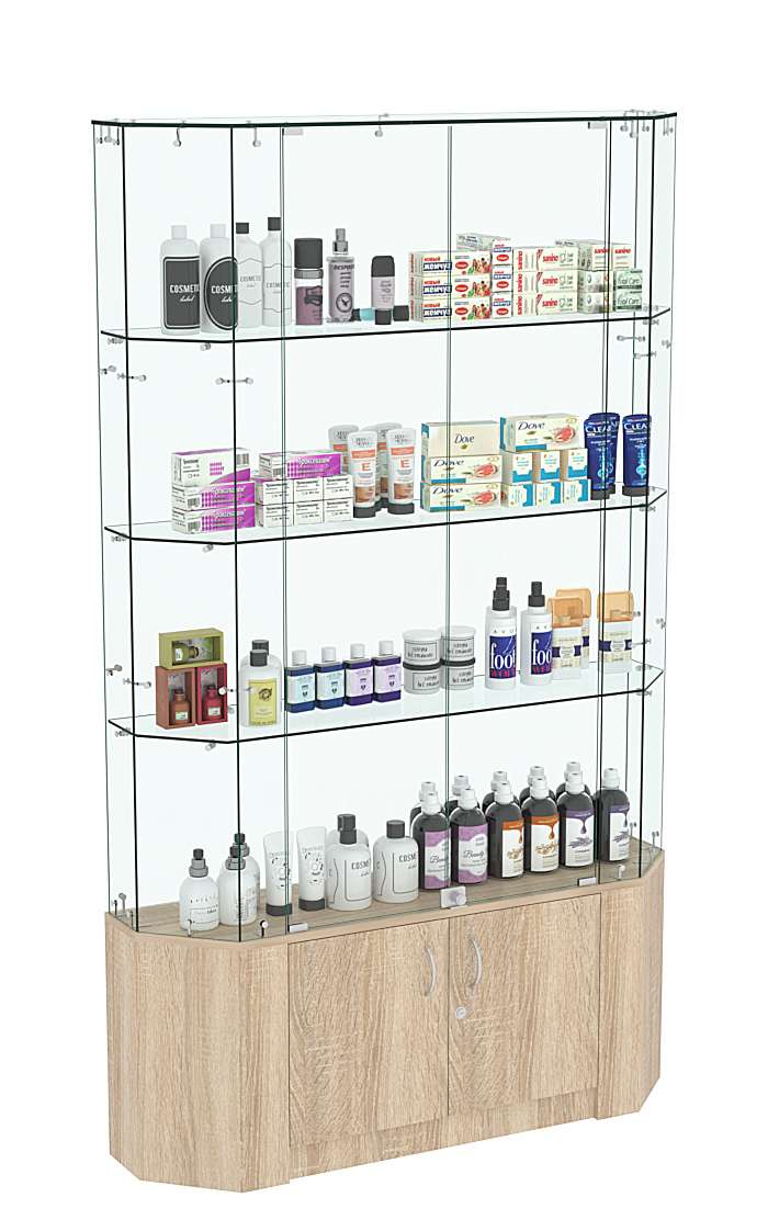 Торговая стеклянная витрина Истра со скошенным фасадом прозрачная №405 Дуб сонома