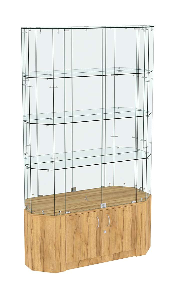 Торговая стеклянная витрина Истра со скошенным фасадом и зеркальной стенкой №407 Дуб Золотистый