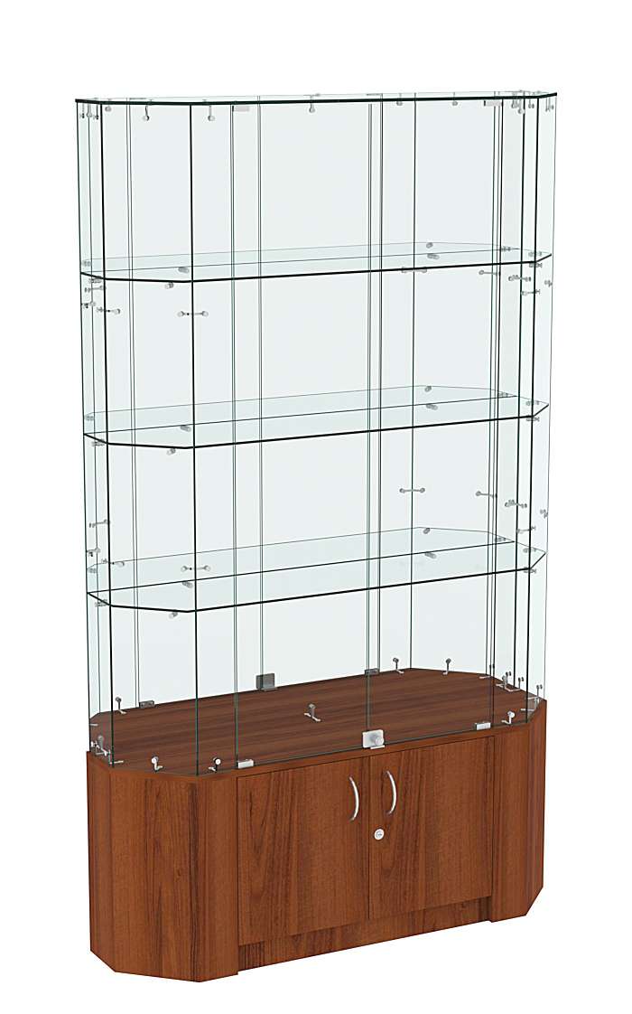 Торговая стеклянная витрина Истра со скошенным фасадом и зеркальной стенкой №407 Орех