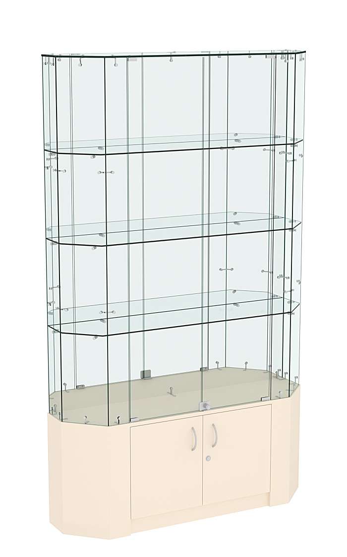 Торговая стеклянная витрина Истра со скошенным фасадом и зеркальной стенкой №407 Крем Вайс