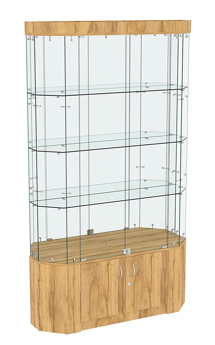 Торговая стеклянная витрина Истра со скошенным фасадом, фризом и зеркалом №403 Дуб Золотистый