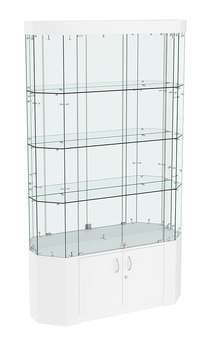 Торговая стеклянная витрина Истра со скошенным фасадом, фризом и зеркалом №403 Белый