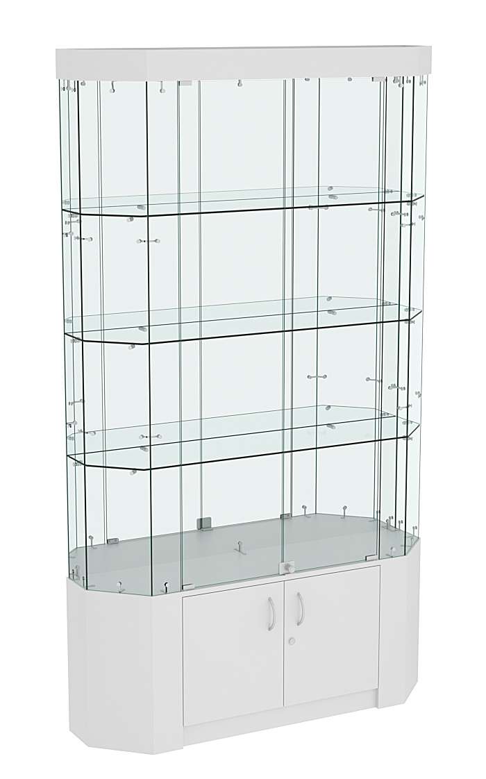 Торговая стеклянная витрина Истра со скошенным фасадом, фризом и зеркалом №403 Серый