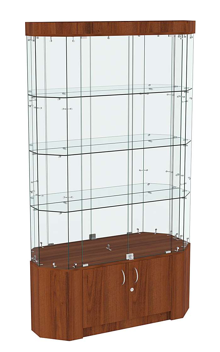 Торговая стеклянная витрина Истра со скошенным фасадом, фризом и зеркалом №403 Орех