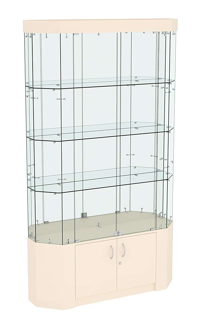 Торговая стеклянная витрина Истра со скошенным фасадом, фризом и зеркалом №403 Крем Вайс