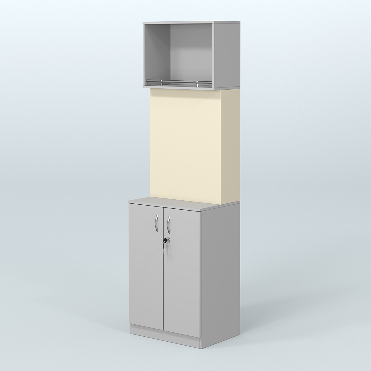 Специализи- рованный стеллаж из ДСП под врезные краны с распашными дверьми в магазин разливного пива и рыбы BEER&FISH-СПД-02-600 Серый + Крем Вайс