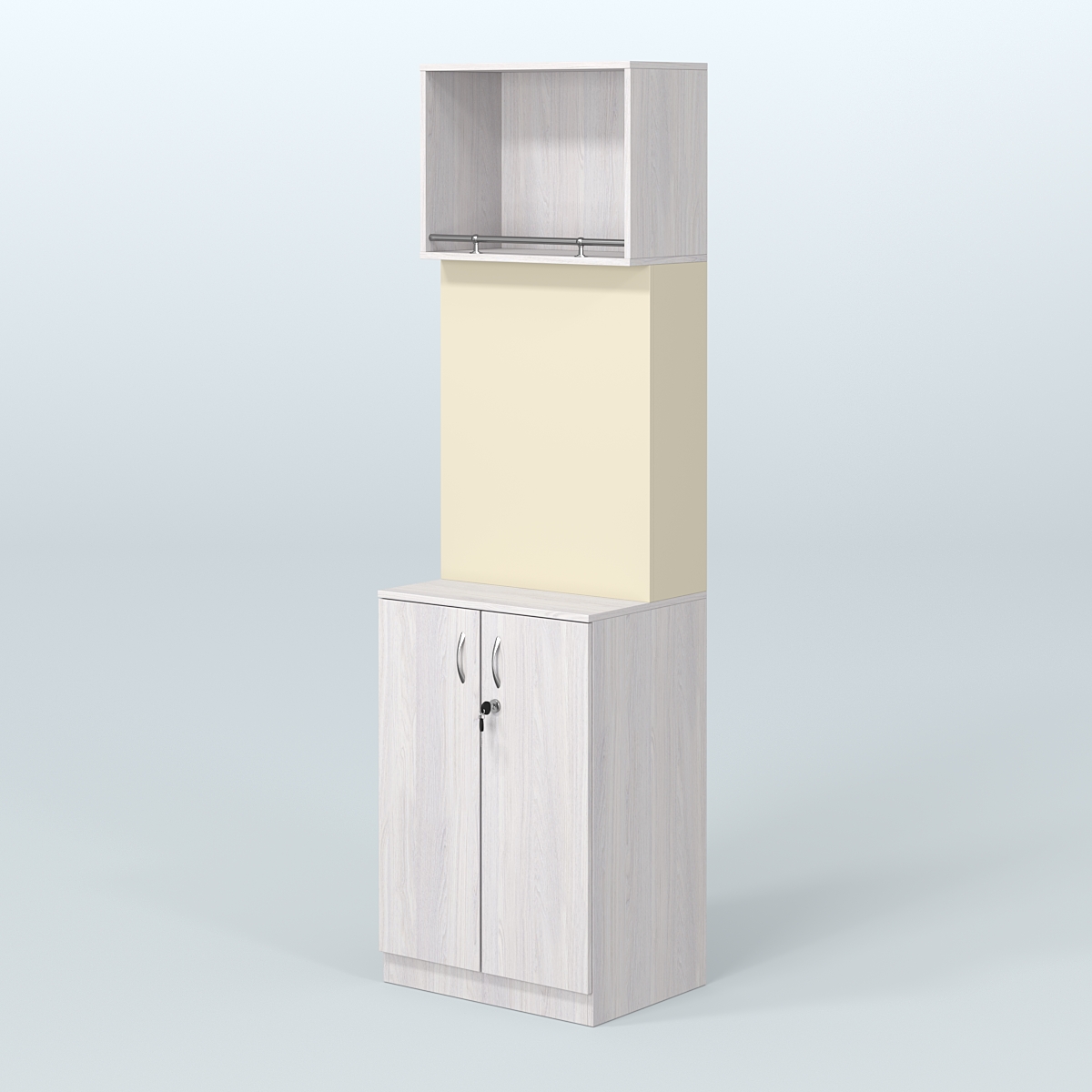 Специализи- рованный стеллаж из ДСП под врезные краны с распашными дверьми в магазин разливного пива и рыбы BEER&FISH-СПД-02-600 Ясень Анкор светлый и Крем Вайс