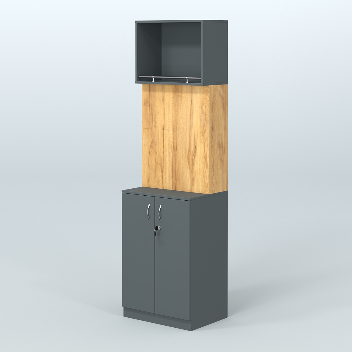 Специализи- рованный стеллаж из ДСП под врезные краны с распашными дверьми в магазин разливного пива и рыбы BEER&FISH-СПД-02-600 Темно-Серый  + Дуб Золотистый