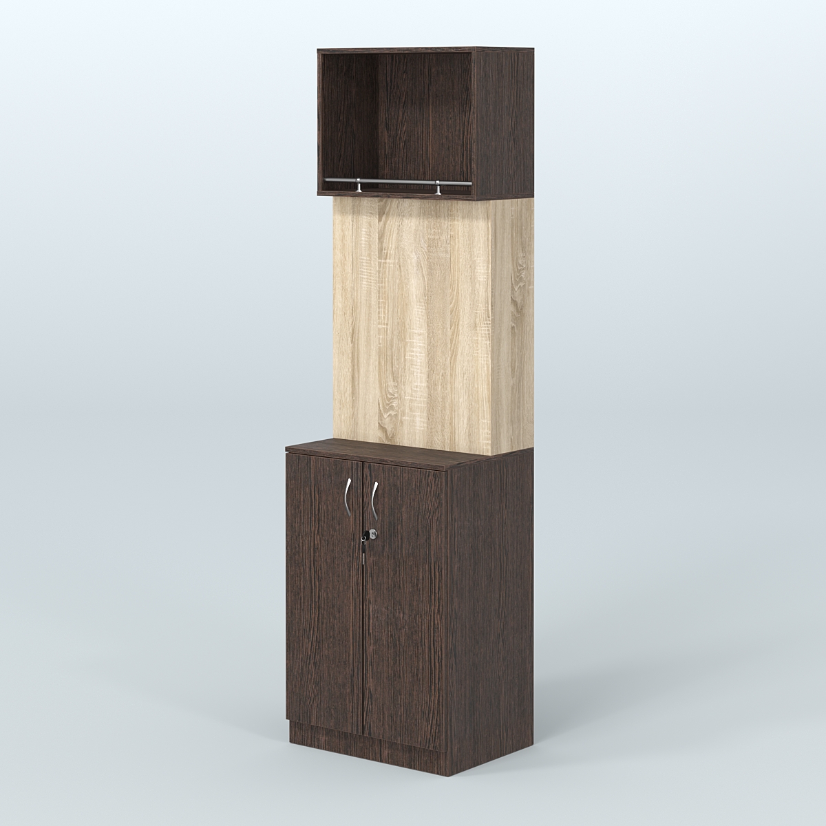 Специализи- рованный стеллаж из ДСП под врезные краны с распашными дверьми в магазин разливного пива и рыбы BEER&FISH-СПД-02-600 Дуб Венге + Дуб Сонома