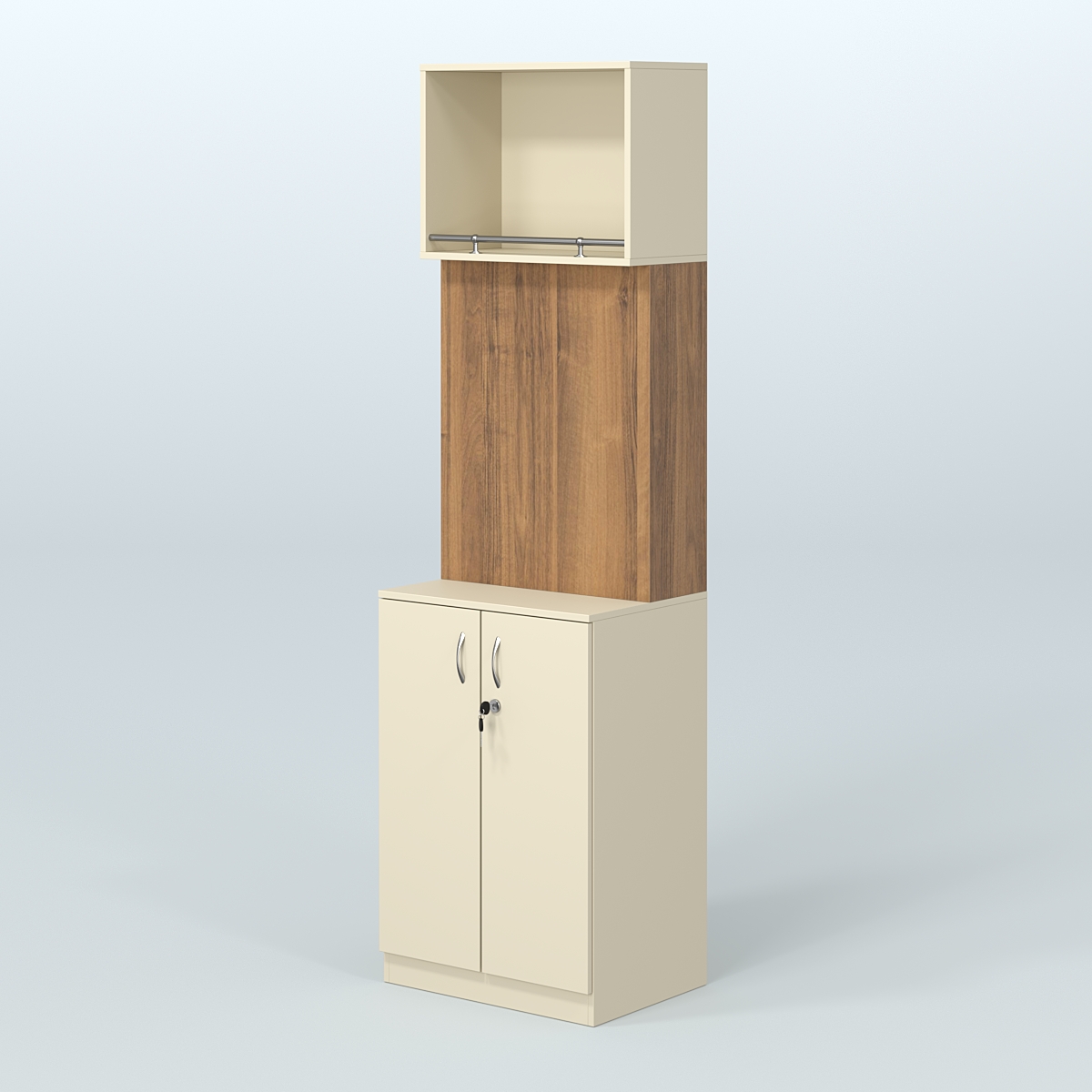 Специализи- рованный стеллаж из ДСП под врезные краны с распашными дверьми в магазин разливного пива и рыбы BEER&FISH-СПД-02-600 Крем Вайс + Орех