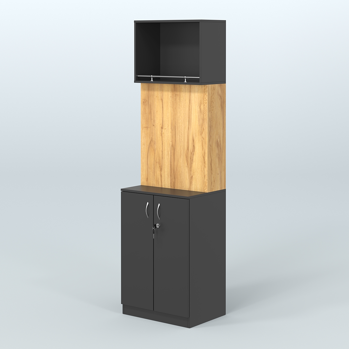 Специализи- рованный стеллаж из ДСП под врезные краны с распашными дверьми в магазин разливного пива и рыбы BEER&FISH-СПД-02-600 Черный и Дуб Золотистый 10-U1148