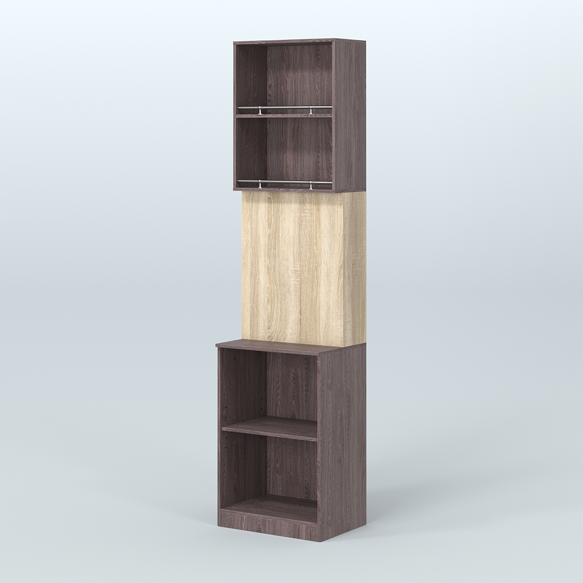 Специализи- рованный стеллаж из ДСП под врезные краны с высокой антресолью для магазина разливного пива и рыбы BEER&FISH-СПД-03-600 Ясень Анкор темный и Дуб Сонома