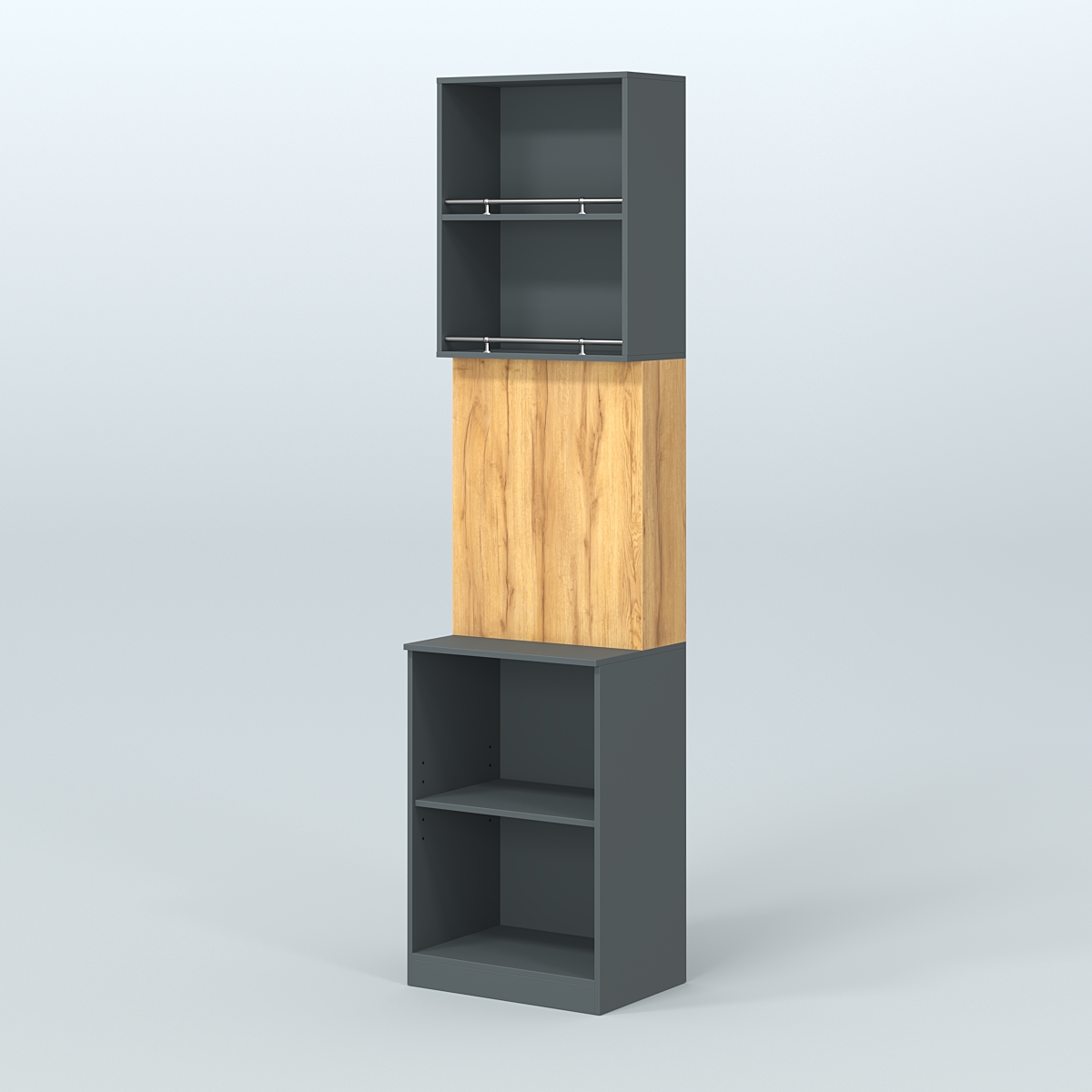 Специализи- рованный стеллаж из ДСП под врезные краны с высокой антресолью для магазина разливного пива и рыбы BEER&FISH-СПД-03-600 Темно-Серый  + Дуб Золотистый