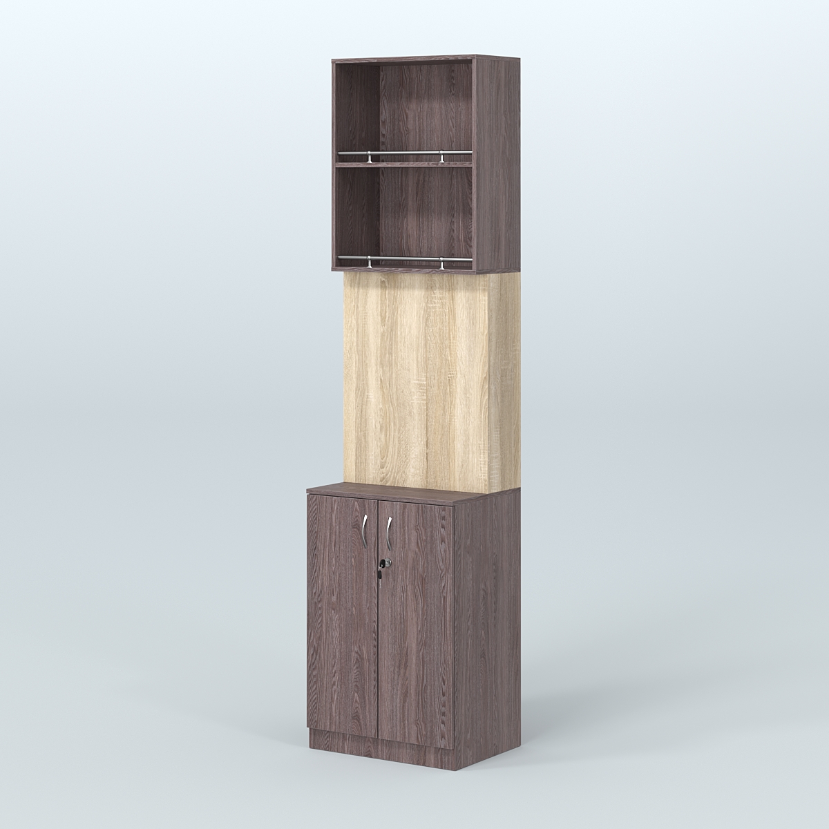 Специализи- рованный стеллаж из ДСП с панелью под врезные краны для магазина разливного пива и рыбы BEER&FISH-СПД-04-600 Ясень Анкор темный и Дуб Сонома