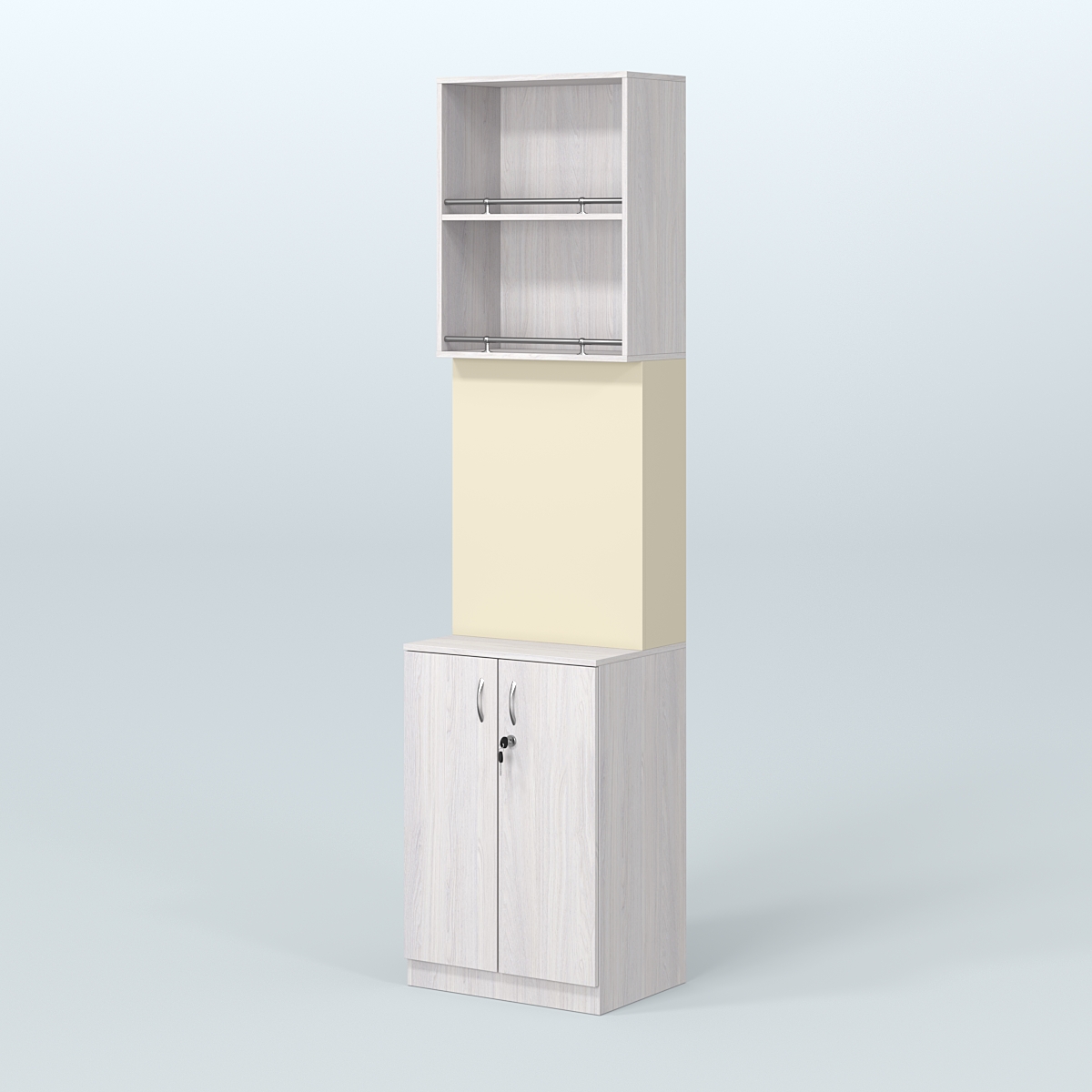 Специализи- рованный стеллаж из ДСП с панелью под врезные краны для магазина разливного пива и рыбы BEER&FISH-СПД-04-600 Ясень Анкор светлый и Крем Вайс