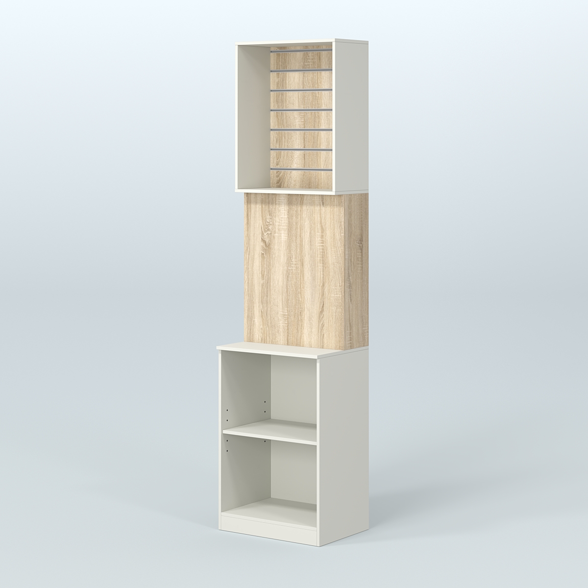 Специализи- рованный стеллаж из ДСП под врезные краны с высокой антресолью для продажи разливного пива и рыбы BEER&FISH-СПД-05 Белый + Дуб Сонома