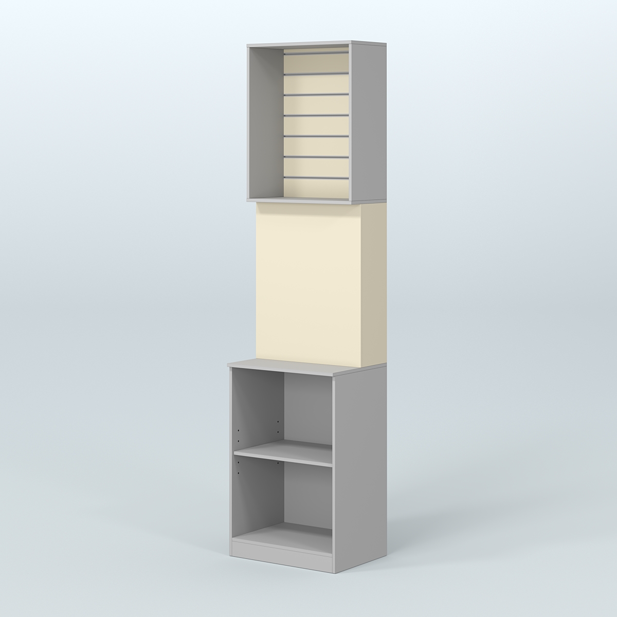 Специализи- рованный стеллаж из ДСП под врезные краны с высокой антресолью для продажи разливного пива и рыбы BEER&FISH-СПД-05 Серый + Крем Вайс