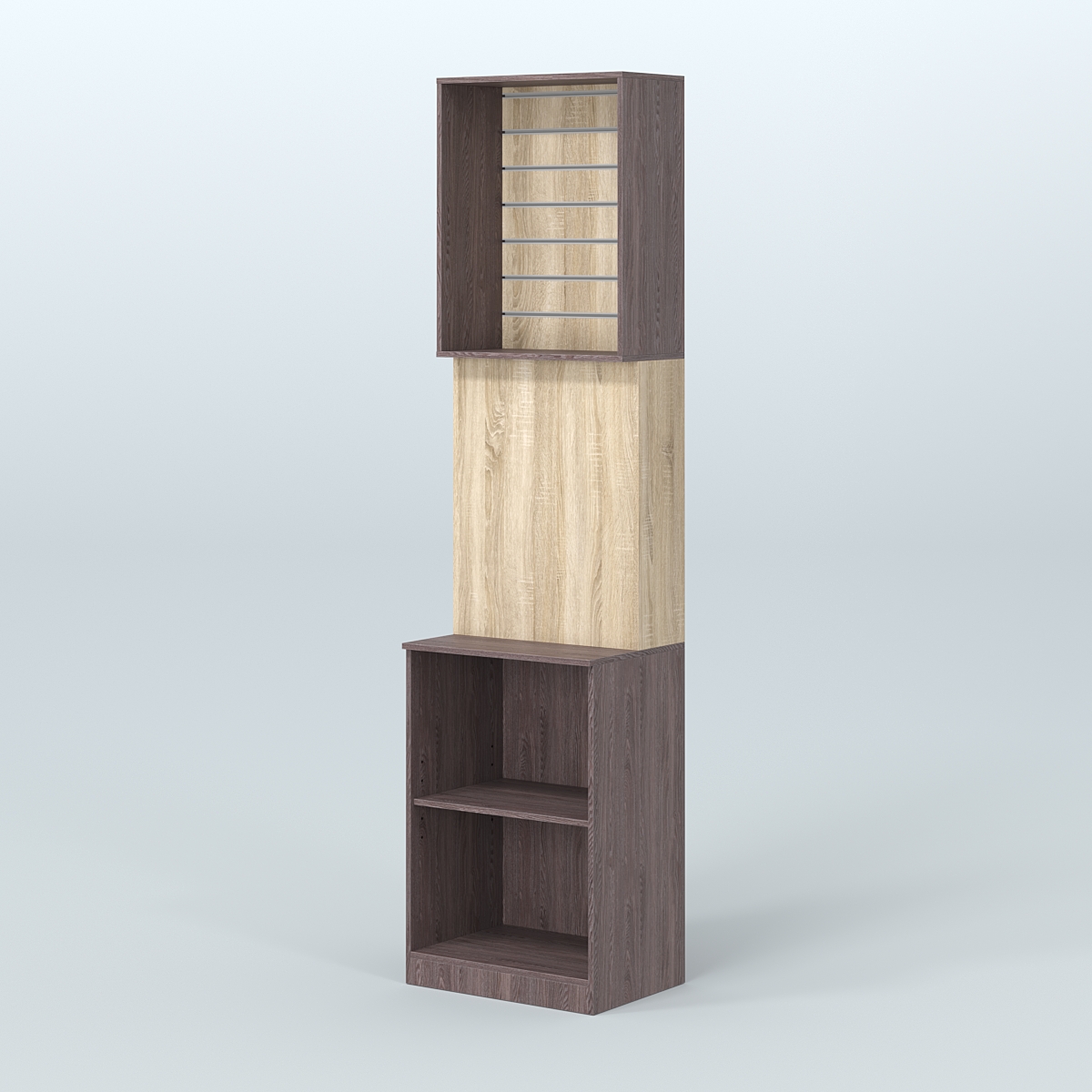 Специализи- рованный стеллаж из ДСП под врезные краны с высокой антресолью для продажи разливного пива и рыбы BEER&FISH-СПД-05 Ясень Анкор темный и Дуб Сонома