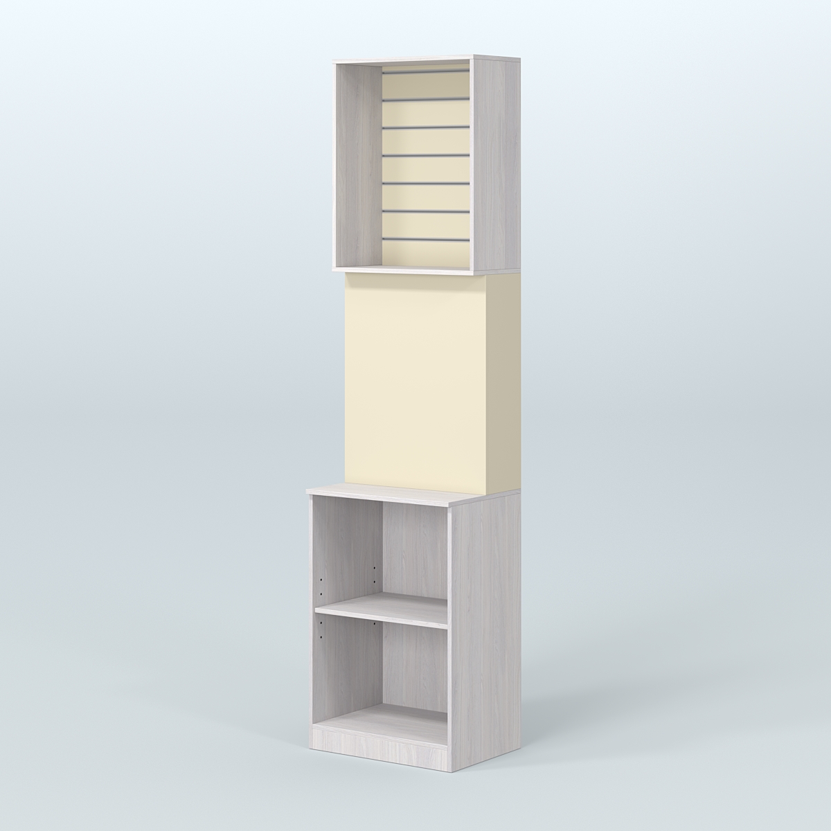 Специализи- рованный стеллаж из ДСП под врезные краны с высокой антресолью для продажи разливного пива и рыбы BEER&FISH-СПД-05 Ясень Анкор светлый и Крем Вайс