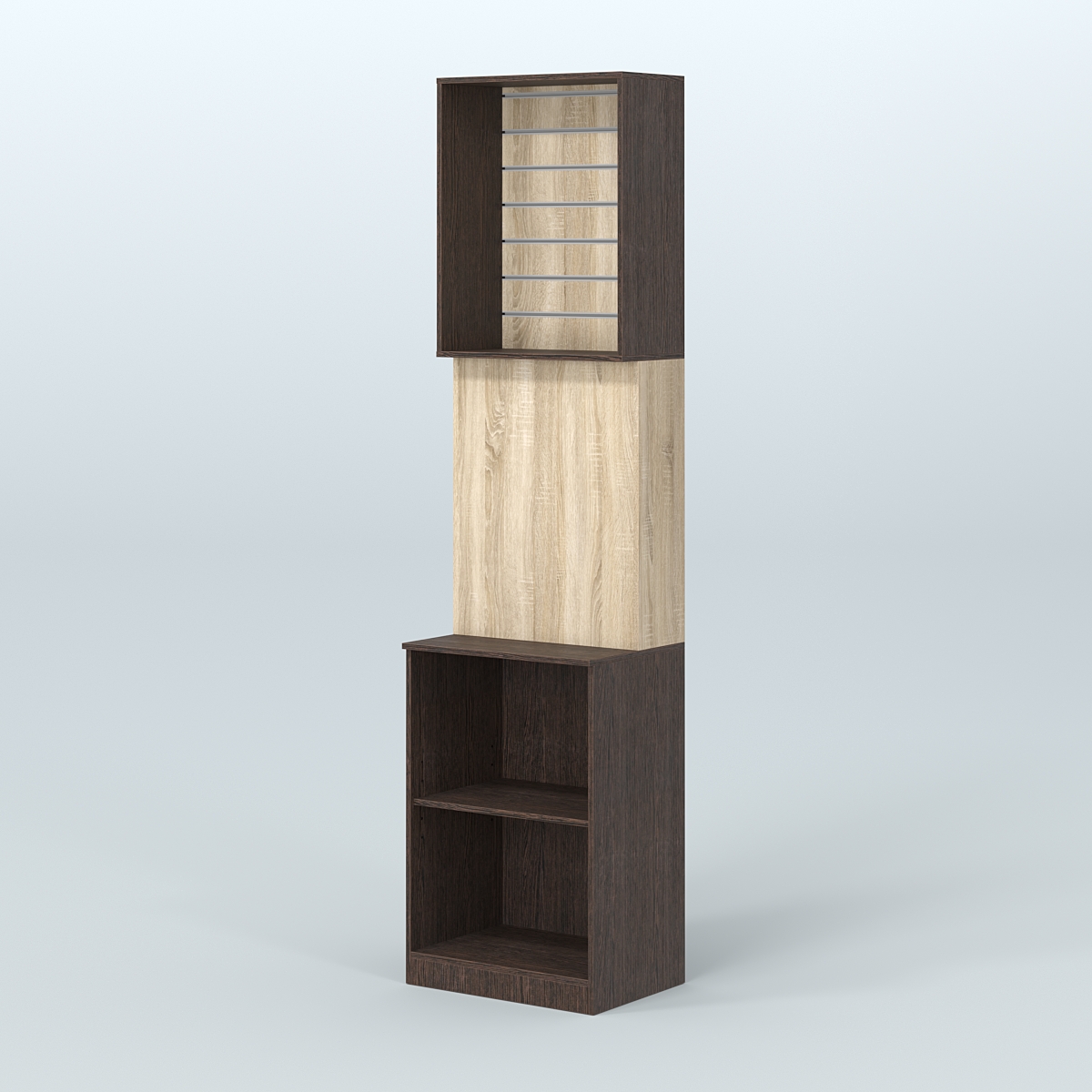 Специализи- рованный стеллаж из ДСП под врезные краны с высокой антресолью для продажи разливного пива и рыбы BEER&FISH-СПД-05 Дуб Венге + Дуб Сонома