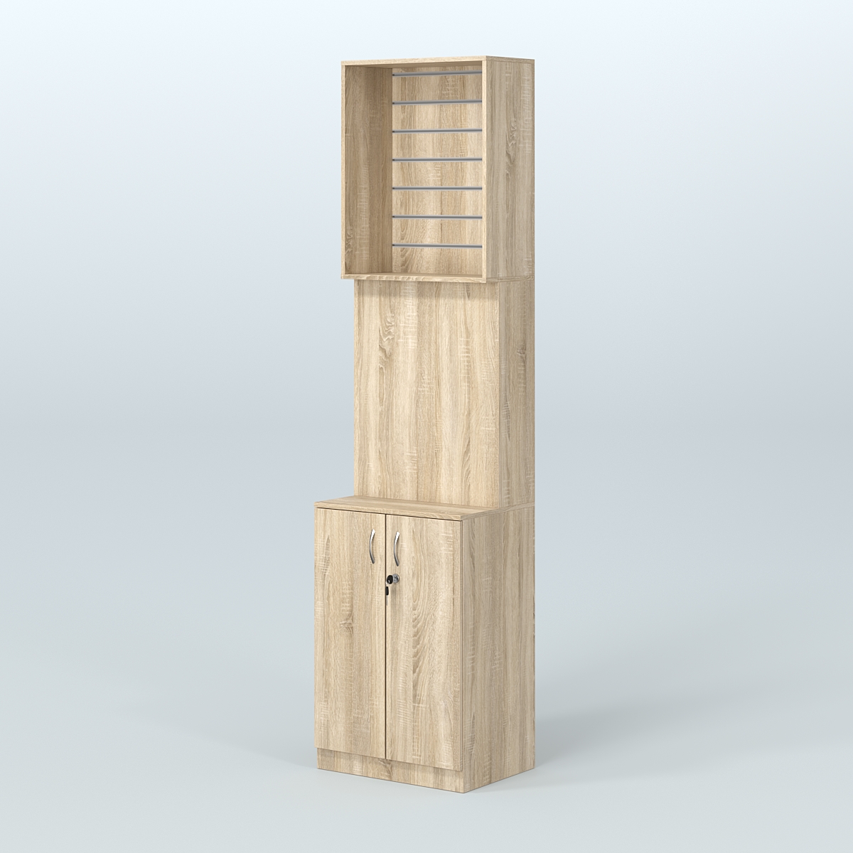 Специализи- рованный стеллаж из ДСП под врезные краны с высоким накопителем узкой конструкции для магазина разливного пива и рыбы BEER&FISH-СПД-06-600 Дуб сонома