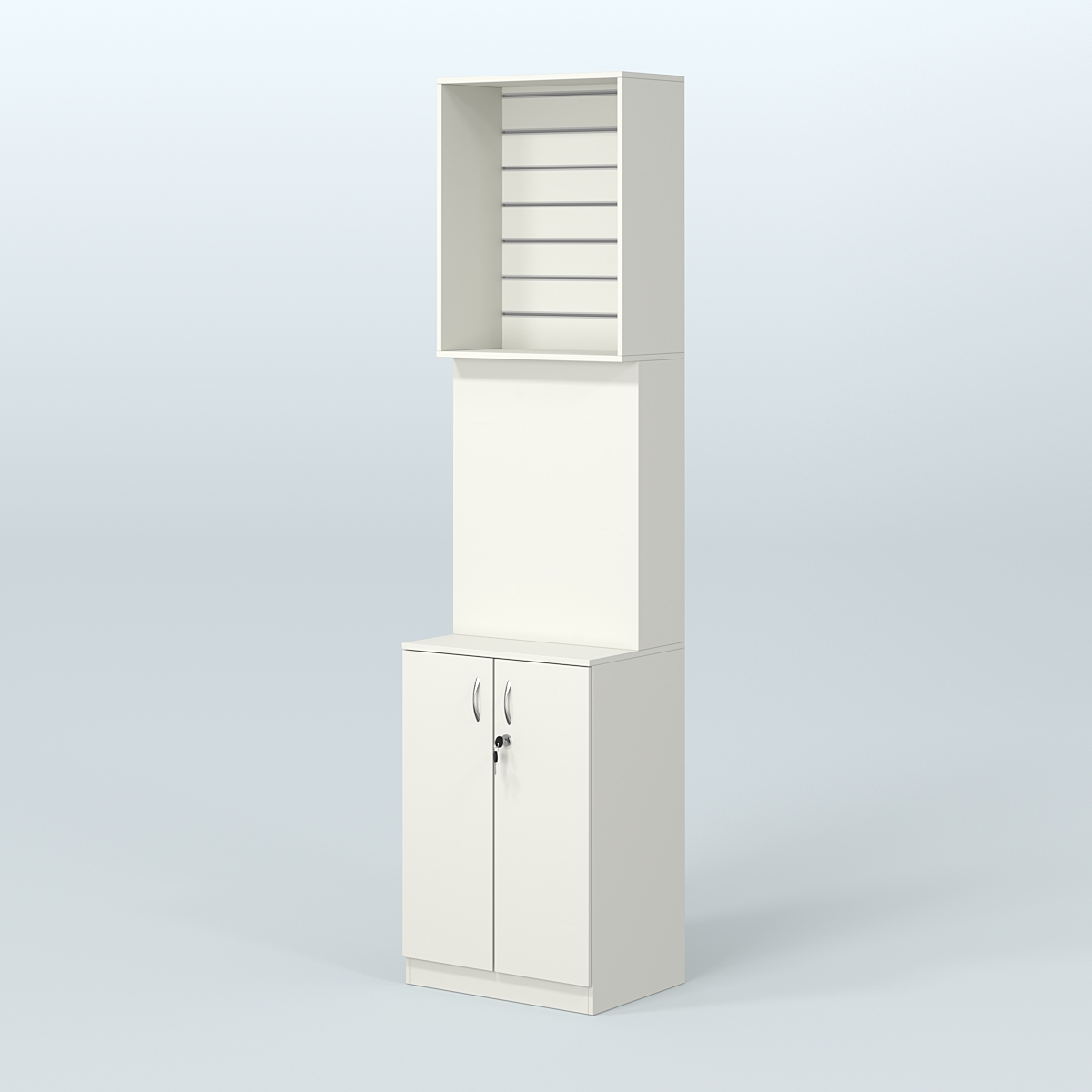 Специализи- рованный стеллаж из ДСП под врезные краны с высоким накопителем узкой конструкции для магазина разливного пива и рыбы BEER&FISH-СПД-06-600 Белый