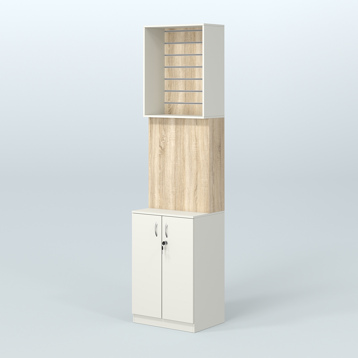 Специализи- рованный стеллаж из ДСП под врезные краны с высоким накопителем узкой конструкции для магазина разливного пива и рыбы BEER&FISH-СПД-06-600 Белый + Дуб Сонома