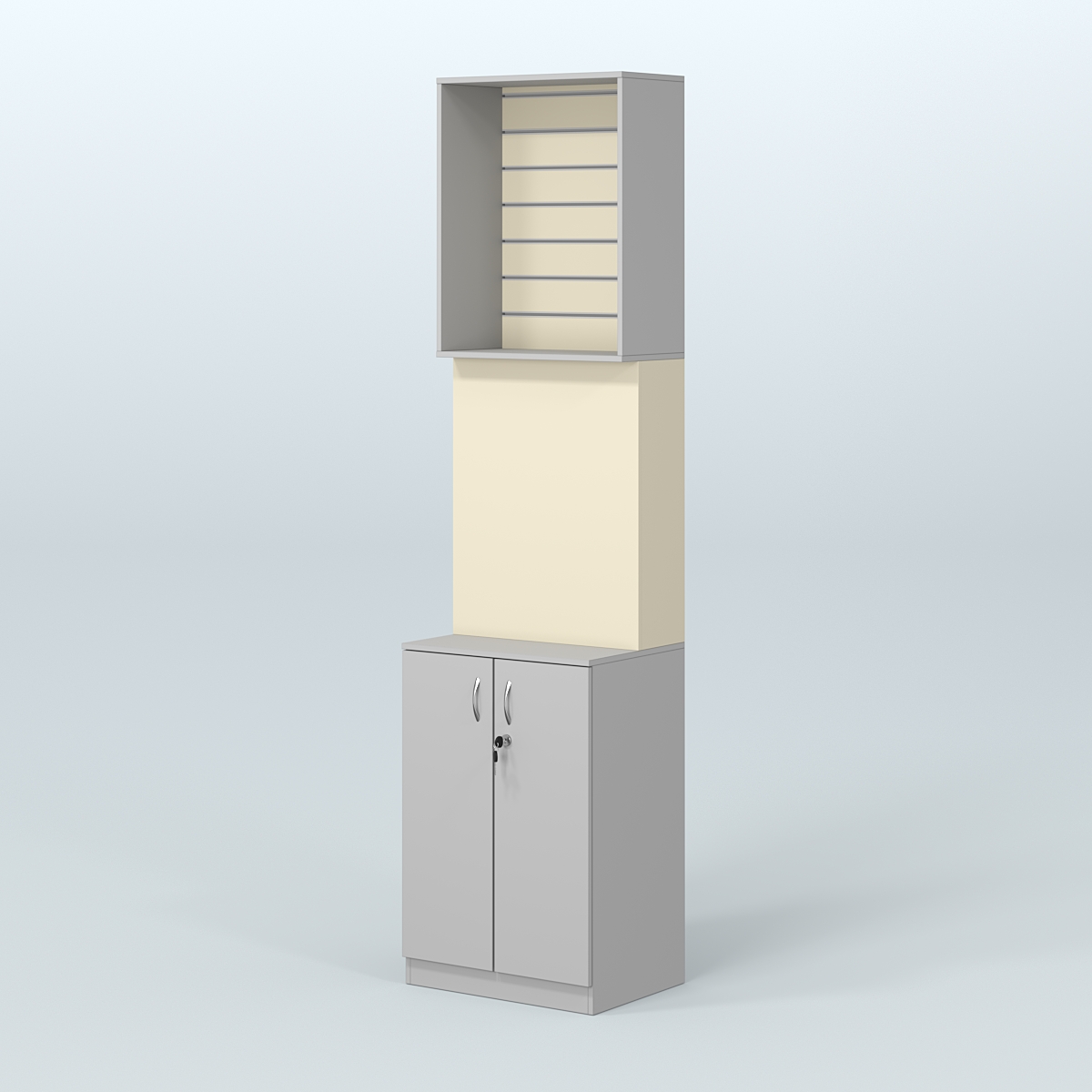 Специализи- рованный стеллаж из ДСП под врезные краны с высоким накопителем узкой конструкции для магазина разливного пива и рыбы BEER&FISH-СПД-06-600 Серый + Крем Вайс