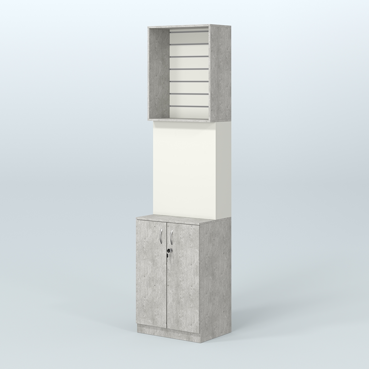 Специализи- рованный стеллаж из ДСП под врезные краны с высоким накопителем узкой конструкции для магазина разливного пива и рыбы BEER&FISH-СПД-06-600 Метрополитан Грей + Белый