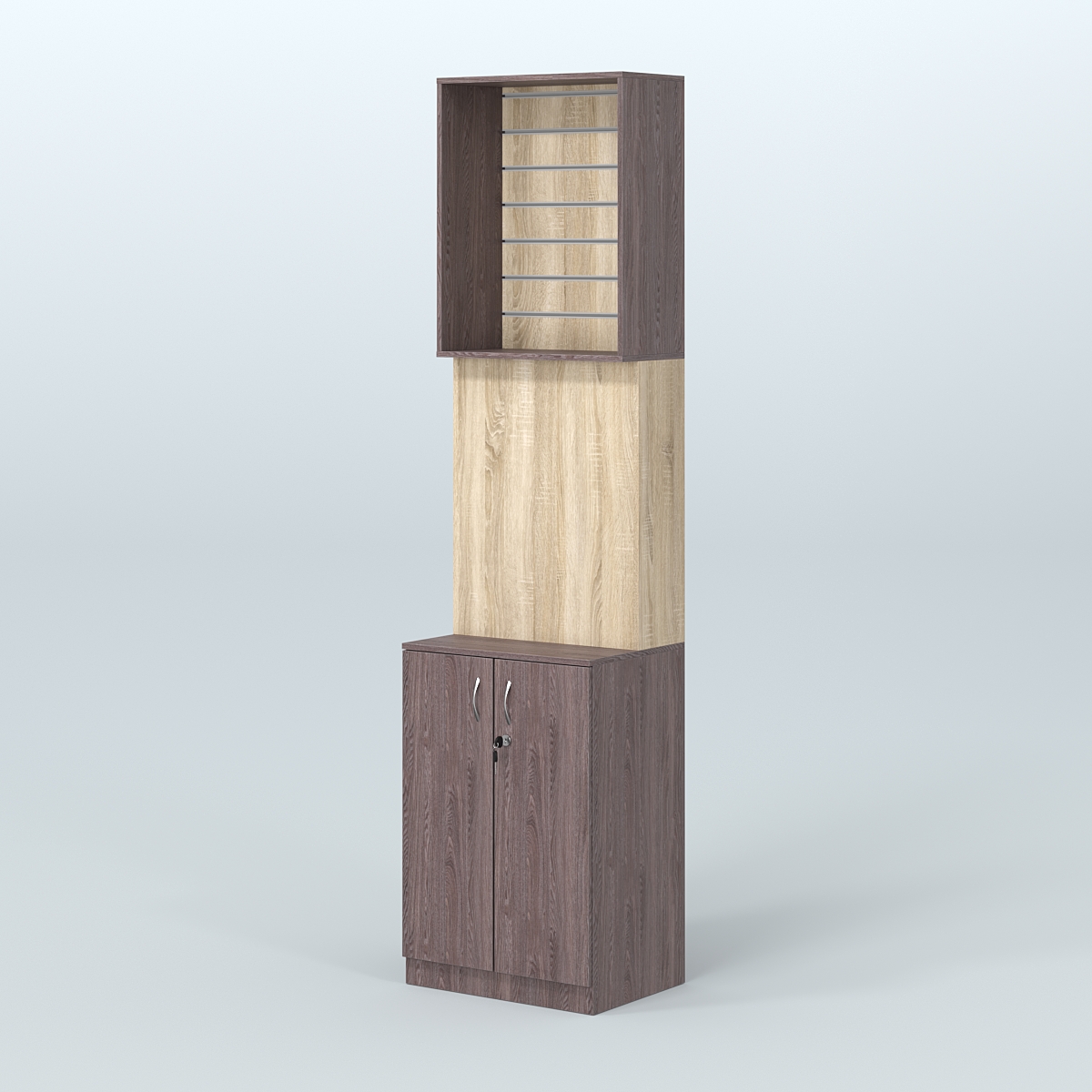 Специализи- рованный стеллаж из ДСП под врезные краны с высоким накопителем узкой конструкции для магазина разливного пива и рыбы BEER&FISH-СПД-06-600 Ясень Анкор темный и Дуб Сонома