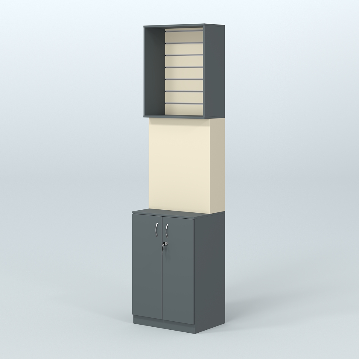 Специализи- рованный стеллаж из ДСП под врезные краны с высоким накопителем узкой конструкции для магазина разливного пива и рыбы BEER&FISH-СПД-06-600 Темно-серый и Крем Вайс U2601-U2236