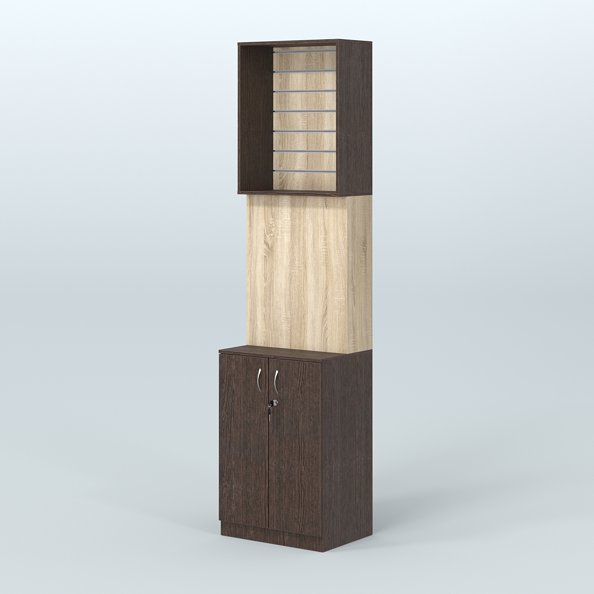 Специализи- рованный стеллаж из ДСП под врезные краны с высоким накопителем узкой конструкции для магазина разливного пива и рыбы BEER&FISH-СПД-06-600 Дуб Венге + Дуб Сонома