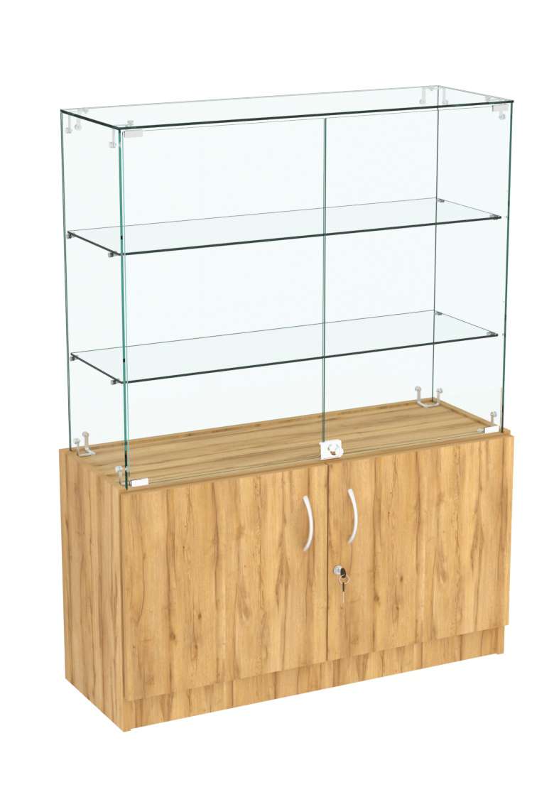 Узкий стеклянный прилавок СЛИМ №1 с длинными полками  Дуб Золотистый