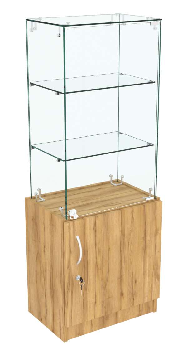 Узкий стеклянный прилавок СЛИМ №2 с двумя небольшими полками Дуб Золотистый