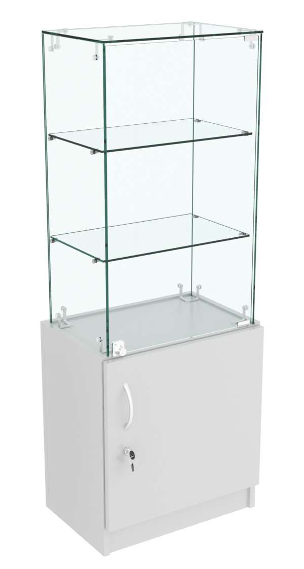 Узкий стеклянный прилавок СЛИМ №2 с двумя небольшими полками Серый
