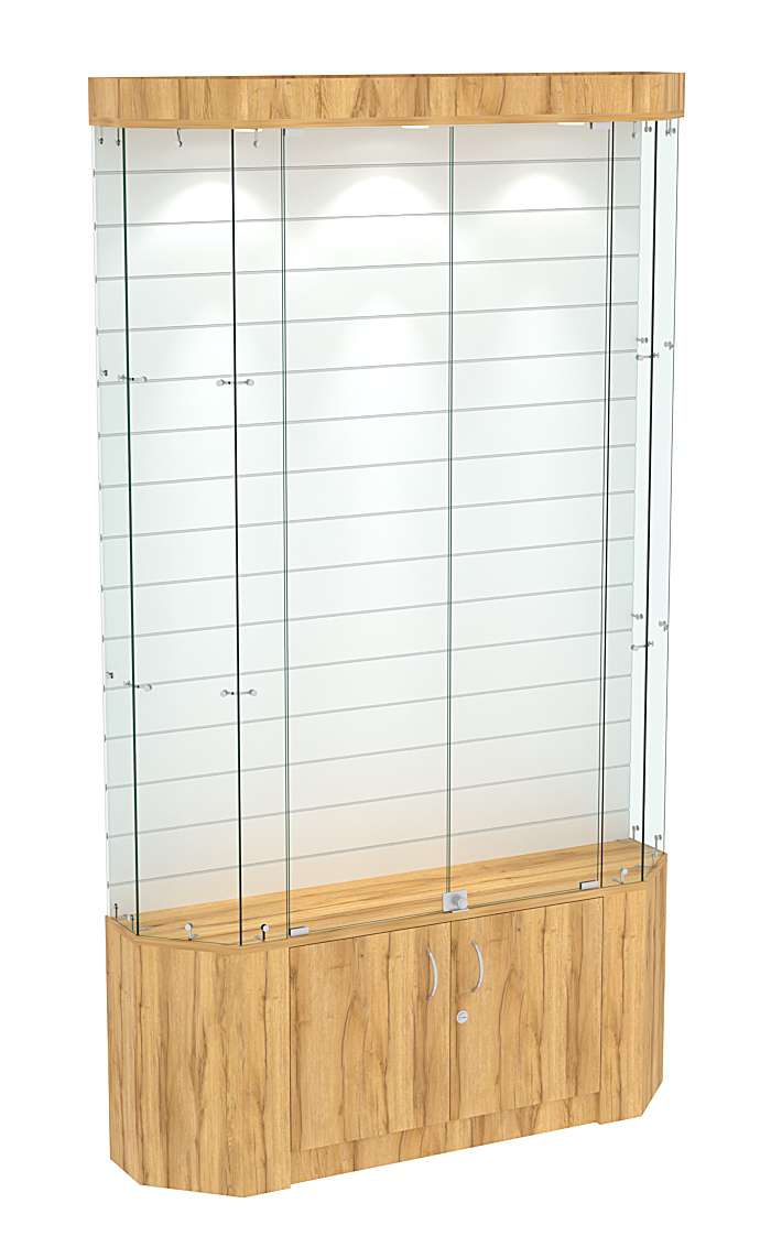 Торговая стеклянная витрина Истра со скошенным фасадом и экономпанелью №412 Дуб Золотистый