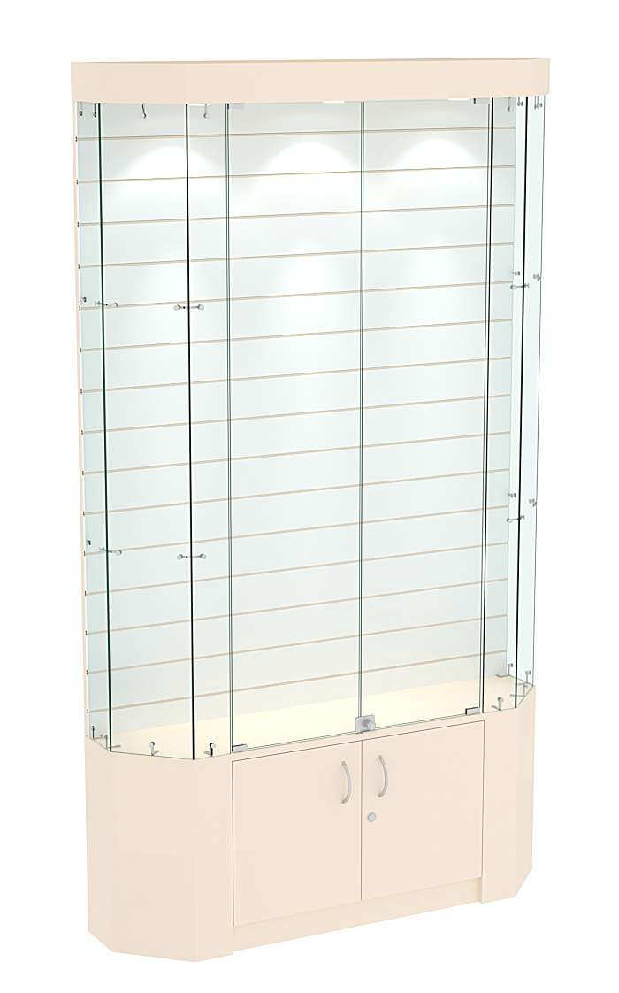 Торговая стеклянная витрина Истра со скошенным фасадом и экономпанелью №412 Крем Вайс